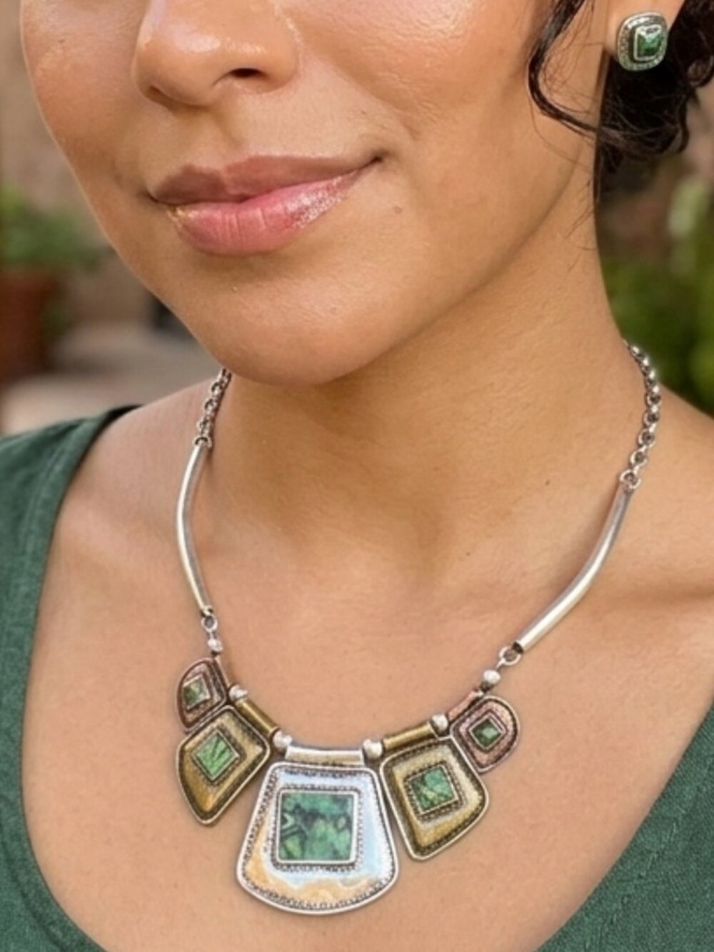 Tribal Necklace Silver Gold and Copper Tone Abalone Shell Accents - Picture 2 of 7